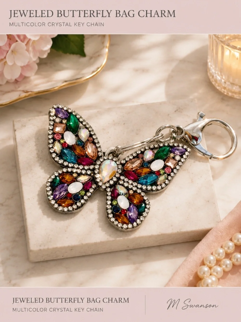 NEW Colorful Crystal Butterfly Bag Charm Keychain NWT